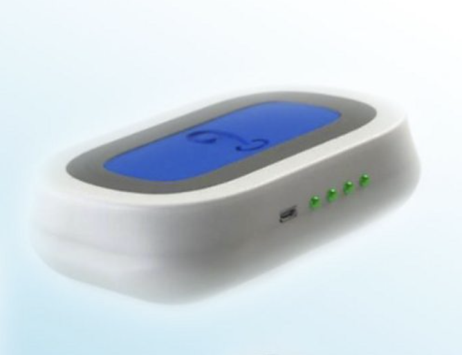 The Soterra safety device — a compact white handheld unit with a blue keypad and status LEDs that summons help without a smartphone or cellular coverage.